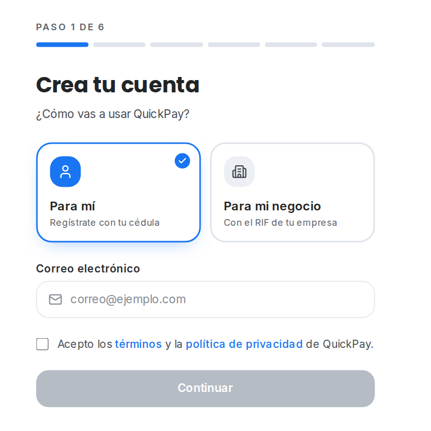Pantalla real de registro del portal de QuickPay