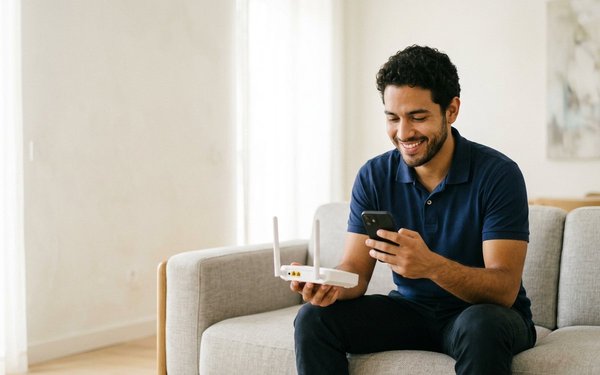 Imagen ilustrativa: un cliente en casa, junto a su router, con su teléfono
