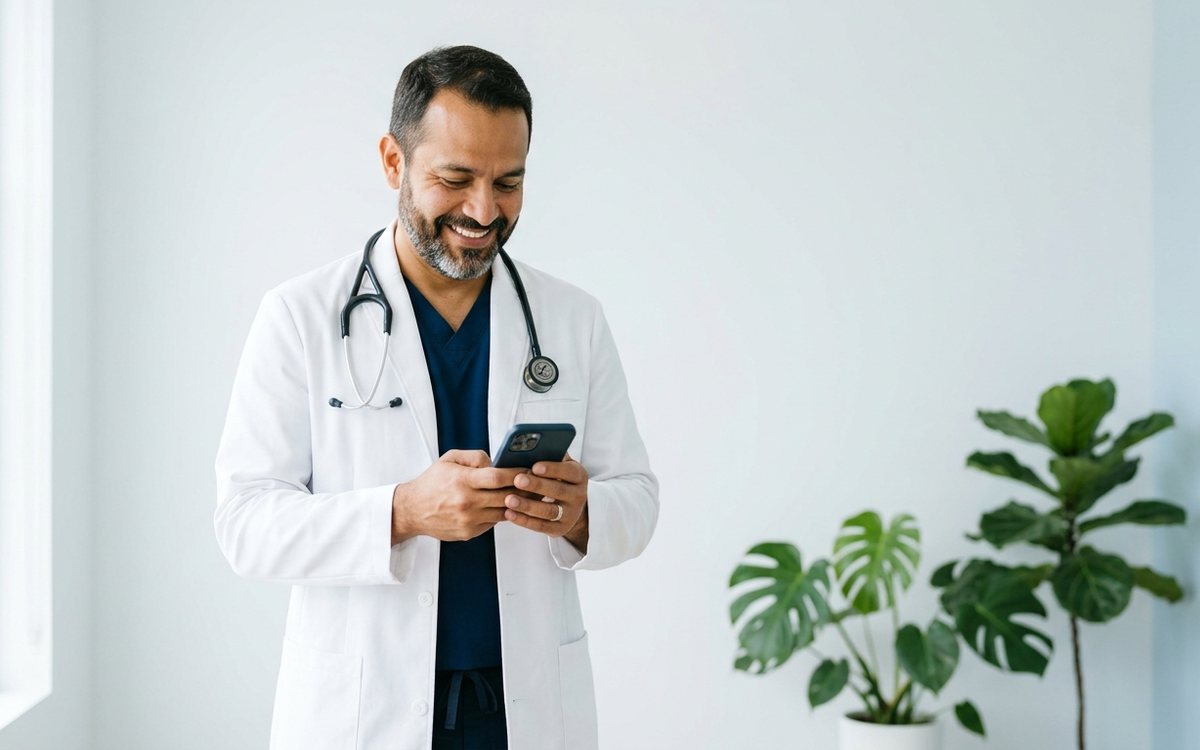Imagen ilustrativa: un médico revisa su teléfono en el consultorio