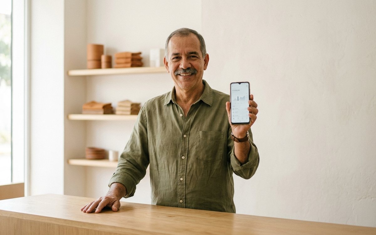 Imagen ilustrativa: un comerciante muestra su teléfono en el mostrador