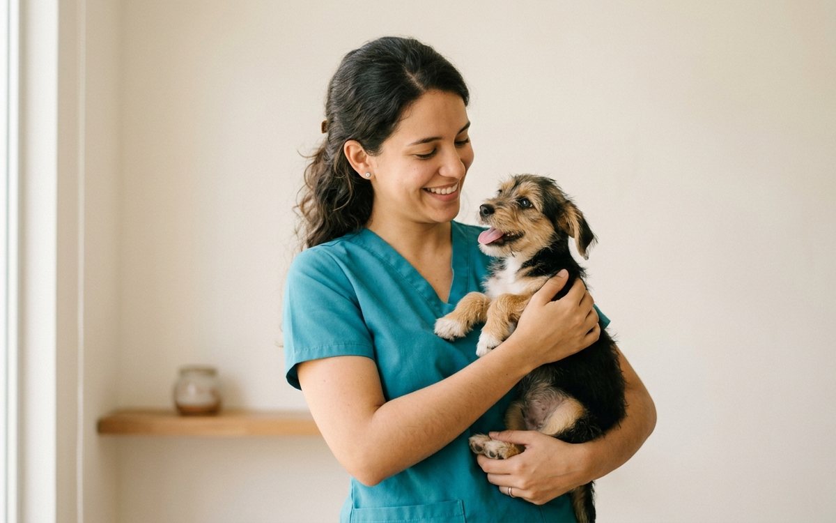 Imagen ilustrativa: una veterinaria carga a un perro en la clínica