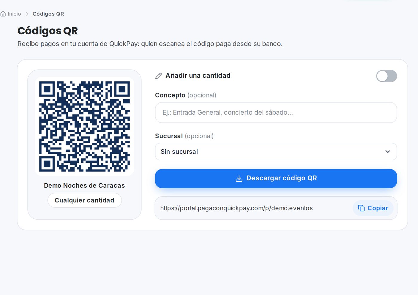 Código QR en el portal de QuickPay para eventos y espectáculos