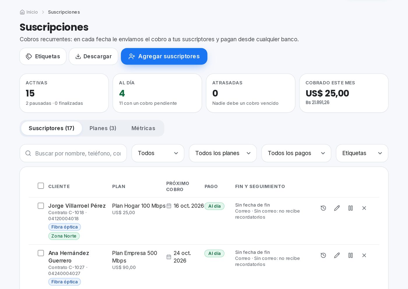 Planes en el portal de QuickPay para proveedores de internet