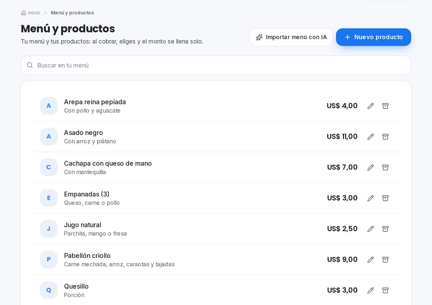 Menú en el portal de QuickPay para restaurantes