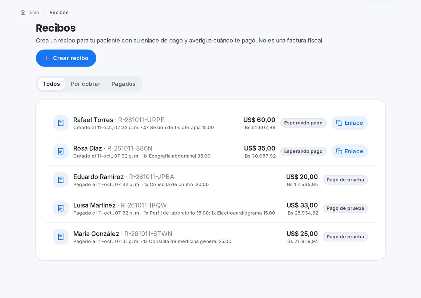 Recibos en el portal de QuickPay para clínicas y consultorios