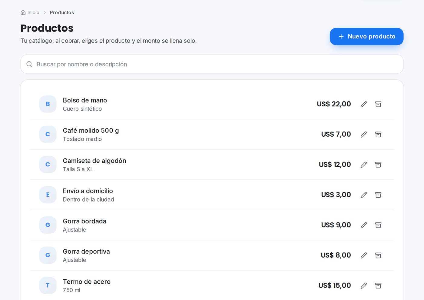Catálogo en el portal de QuickPay para tiendas y emprendimientos