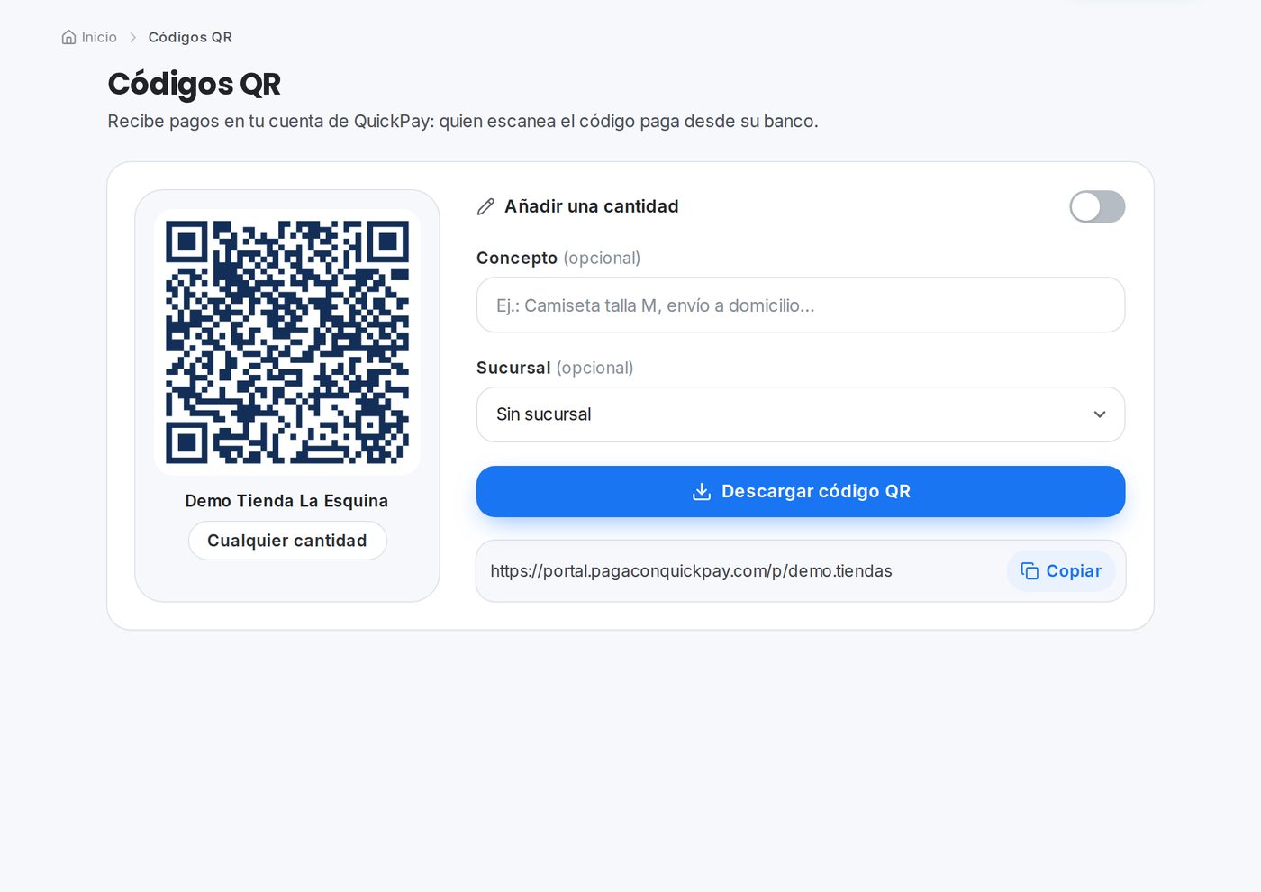 Código QR en el portal de QuickPay para tiendas y emprendimientos