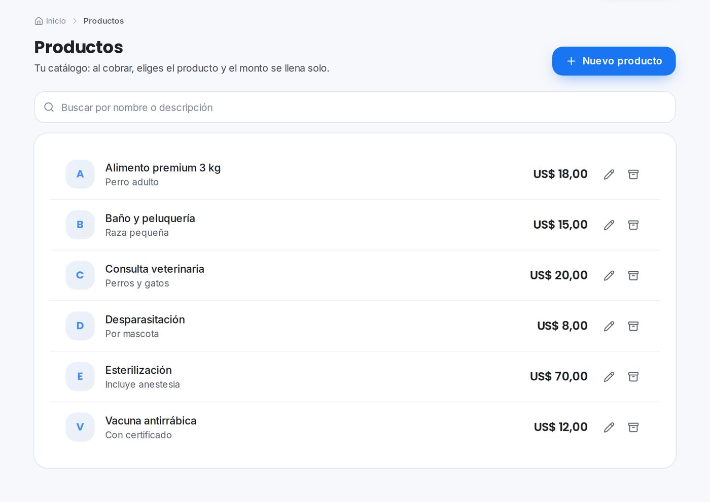 Servicios y productos en el portal de QuickPay para veterinarias