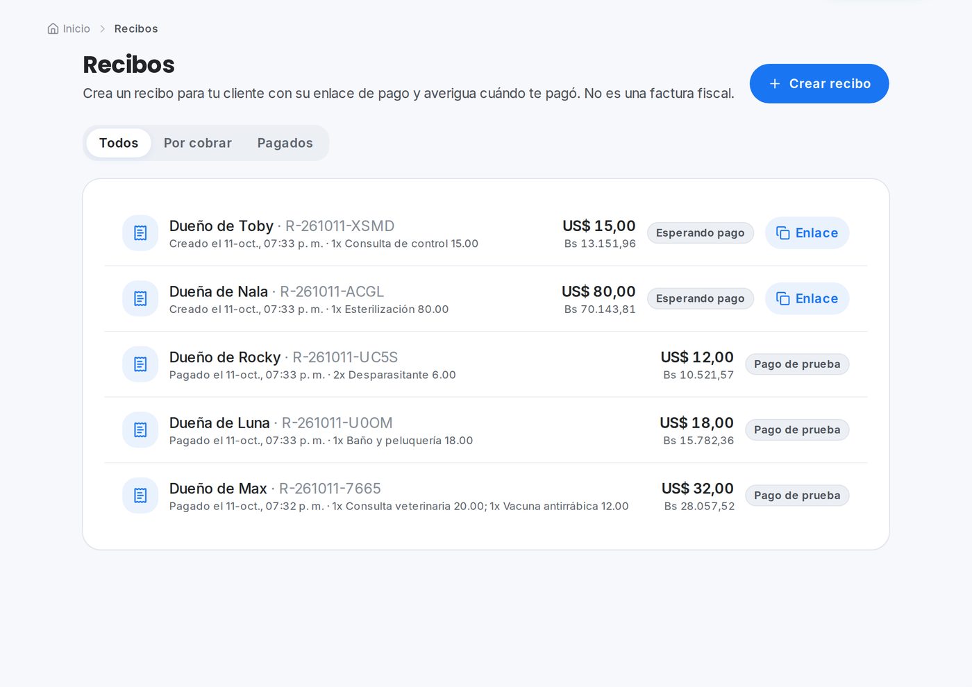 Recibos en el portal de QuickPay para veterinarias